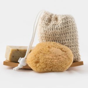 Soap Bag, Wood Dish, and Sponge